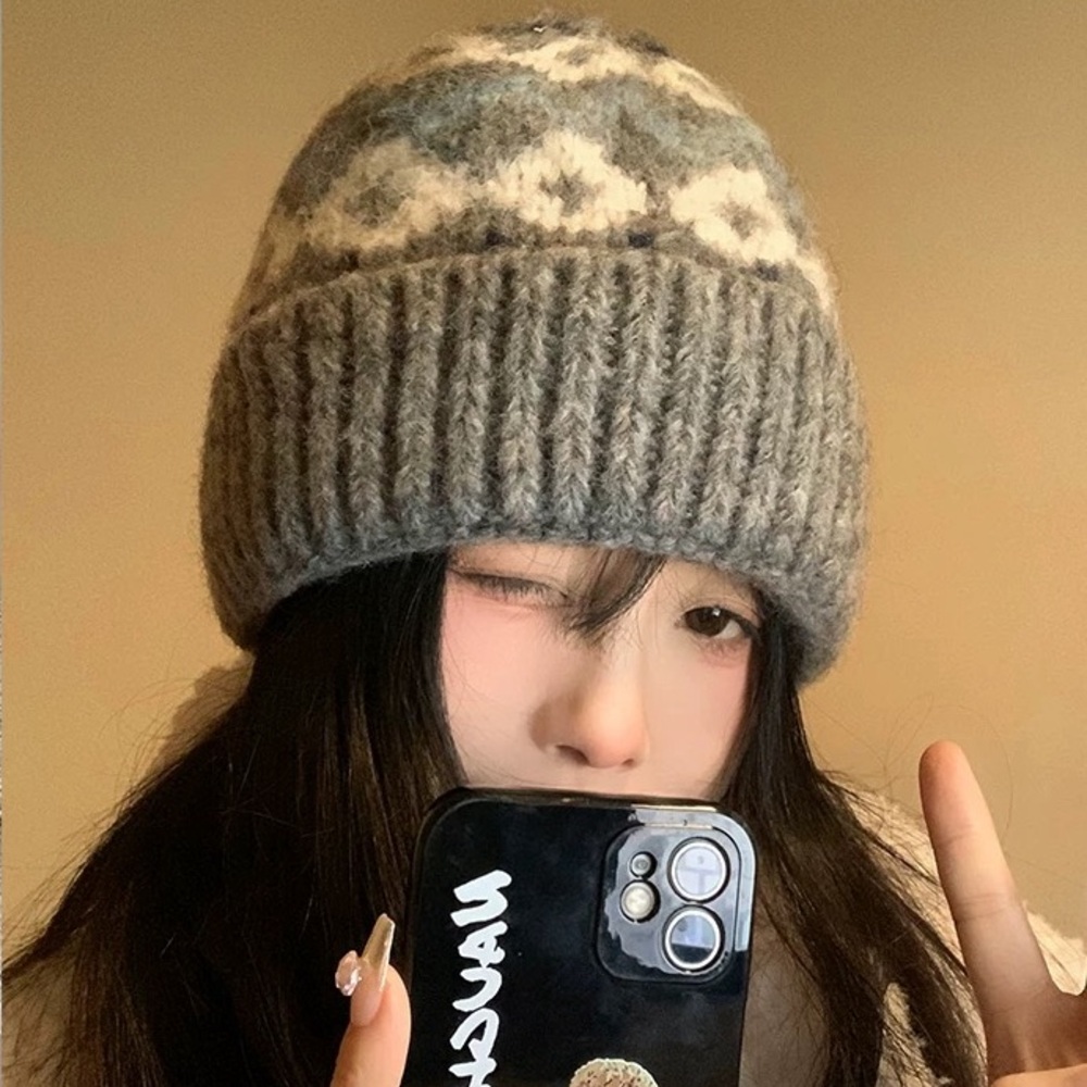Fair isle style handKnit Beanie heavyweight wool hat